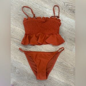 Cabana del Sol Bikini Set Small Rust Orange Ruffle Smocked Swim Two Piece